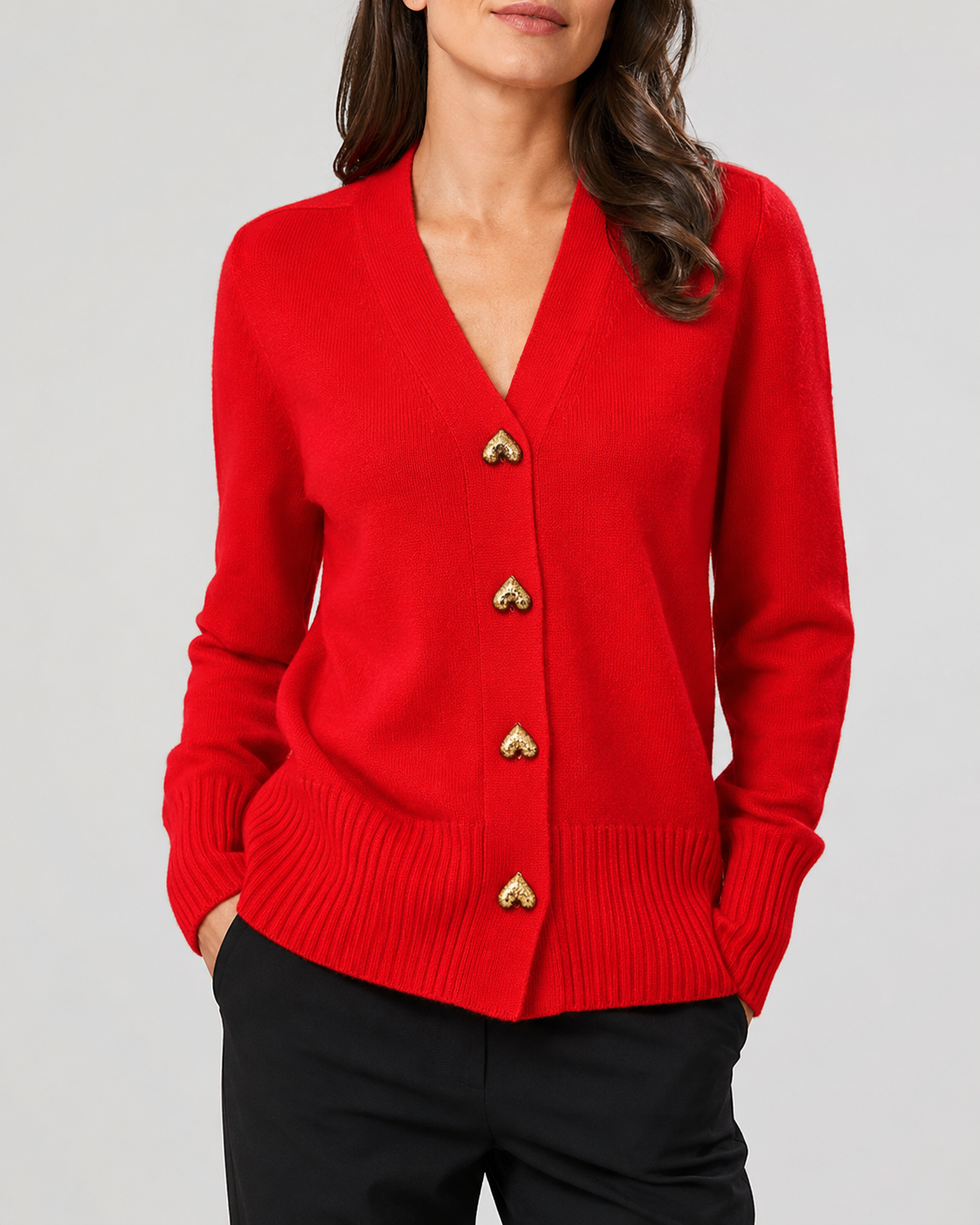 Women's V-Neck Knit Cardigan with Heart Buttons
