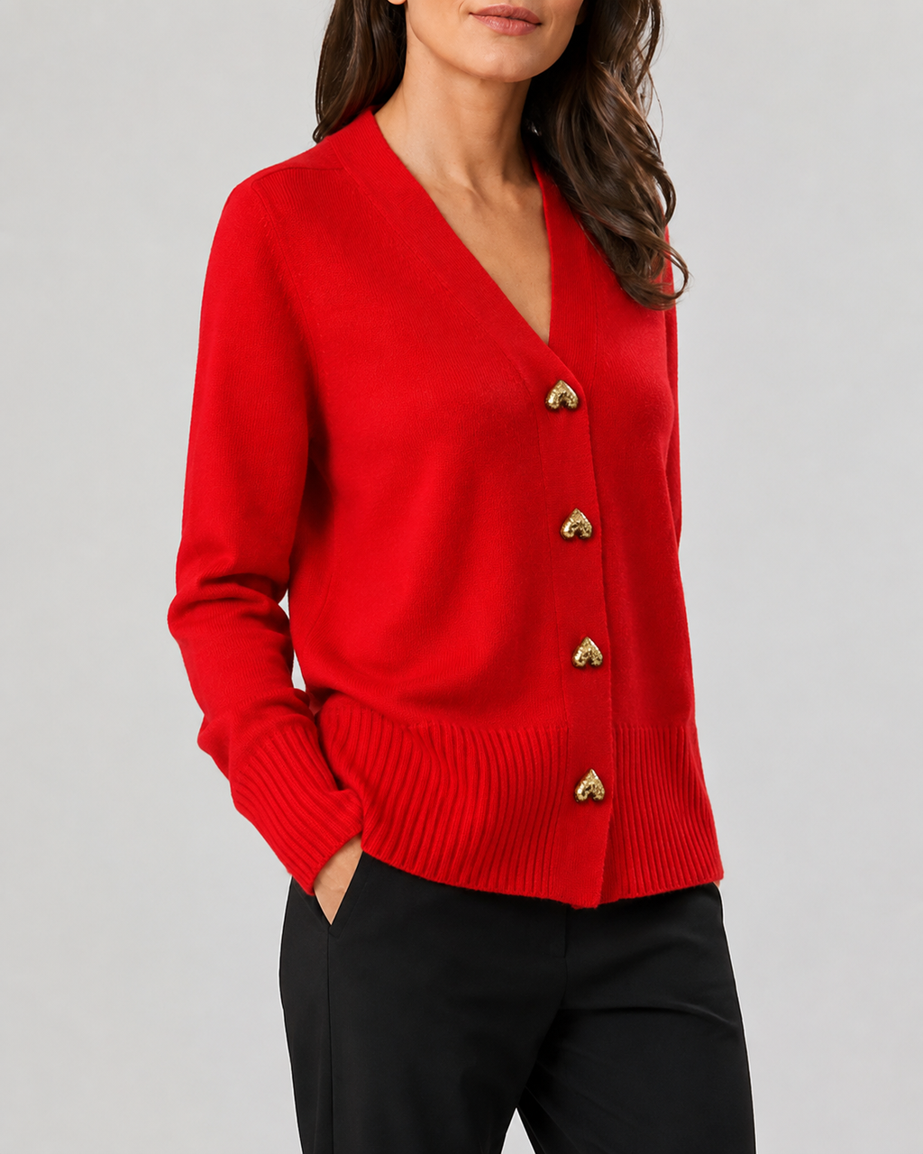 Women's V-Neck Knit Cardigan with Heart Buttons