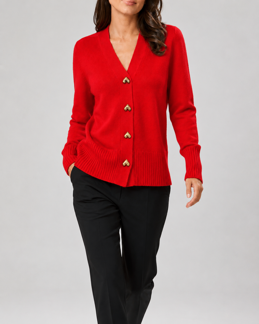 Women's V-Neck Knit Cardigan with Heart Buttons