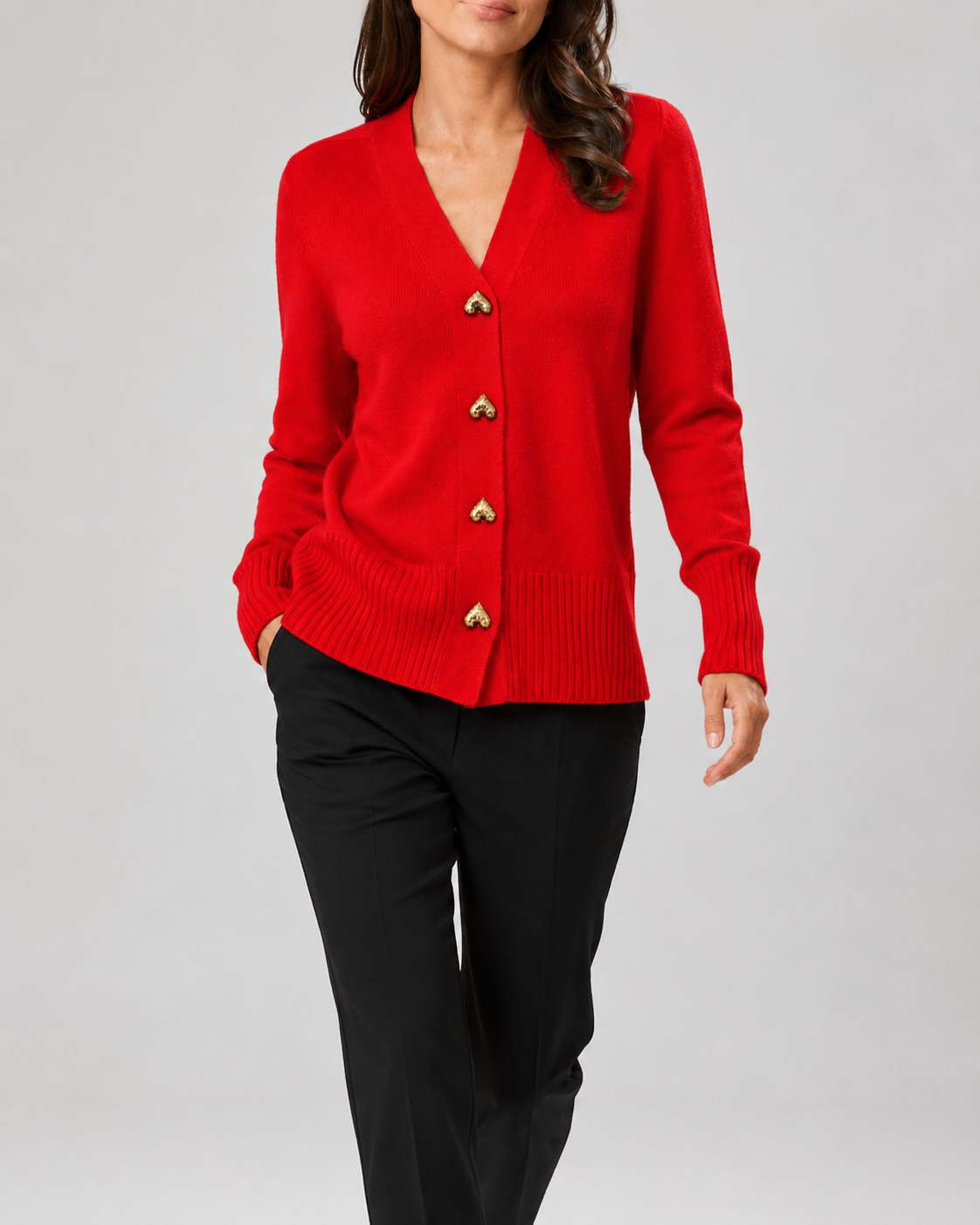Women's V-Neck Knit Cardigan with Heart Buttons