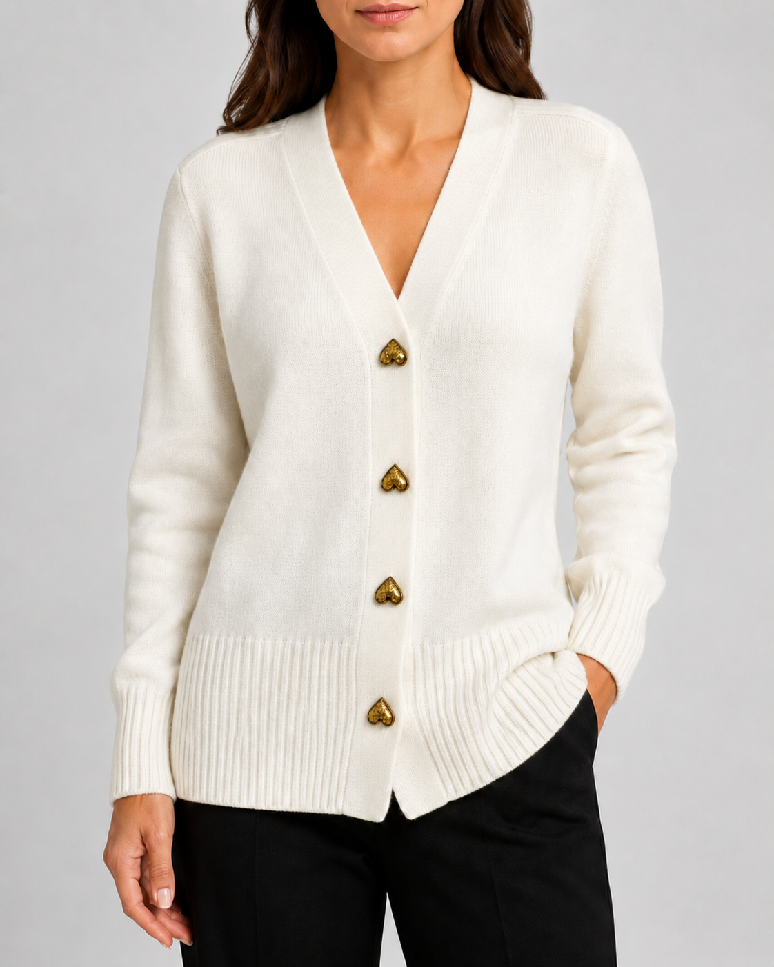 Women's V-Neck Knit Cardigan with Heart Buttons