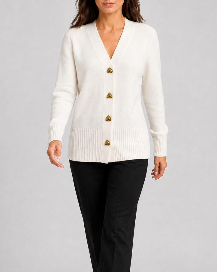 Women's V-Neck Knit Cardigan with Heart Buttons