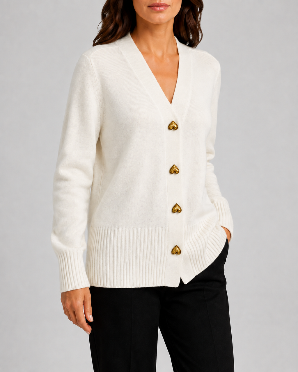 Women's V-Neck Knit Cardigan with Heart Buttons