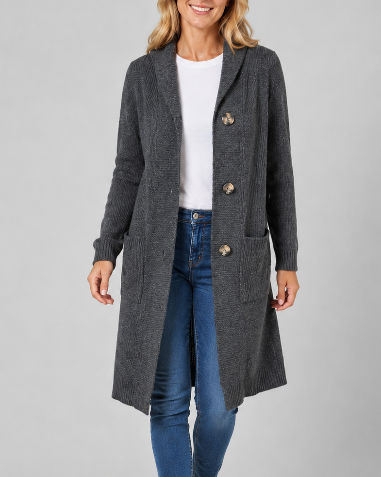 Women's Hooded Button Front Longline Knit Cardigan