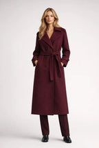 Women's Longline Belted Wool Blend Coat with Double Breasted Front