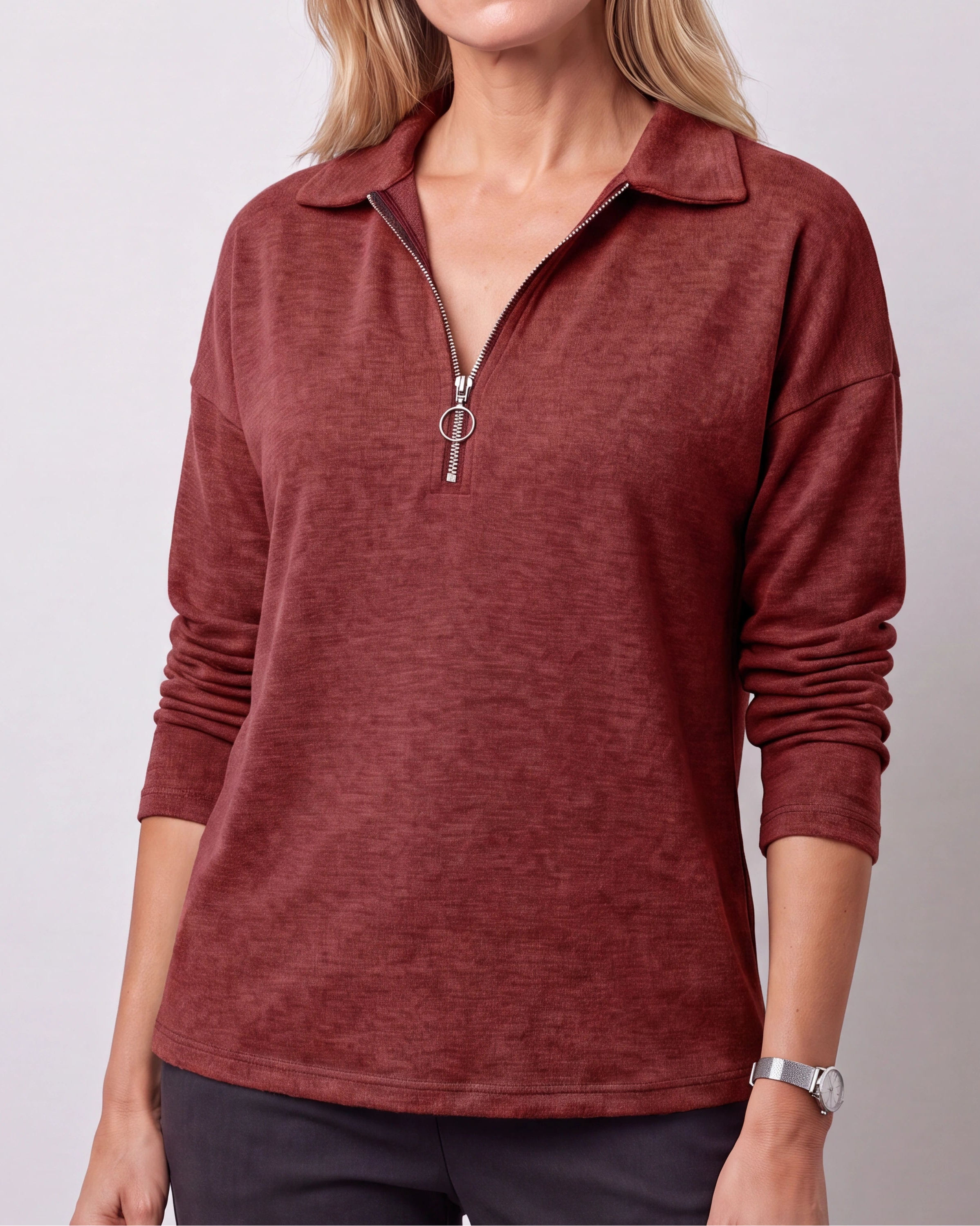 Women's Quarter Zip Lightweight Collared Pullover Jumper