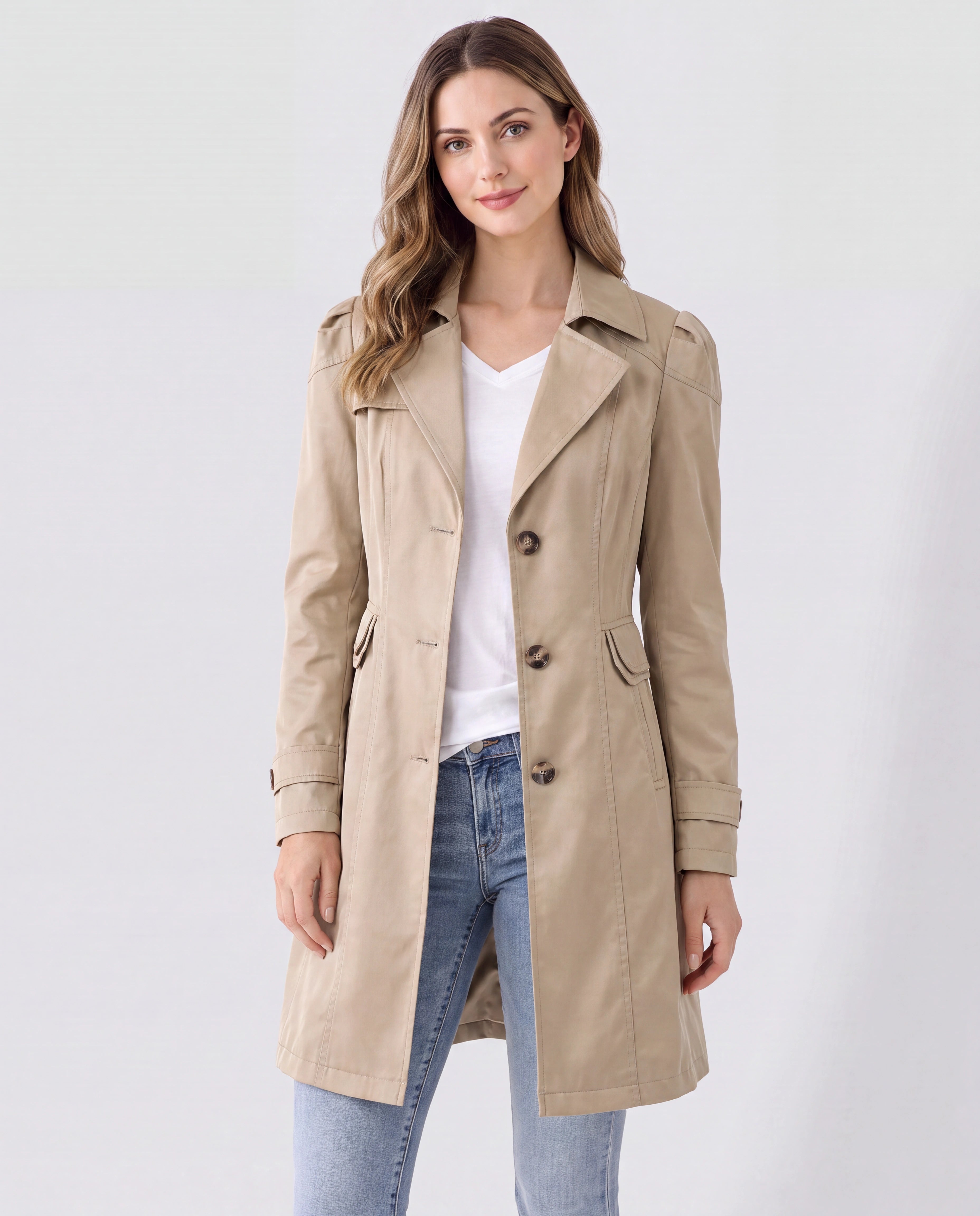 Women's Lightweight Lapel Collar Trench Coat with Button Front