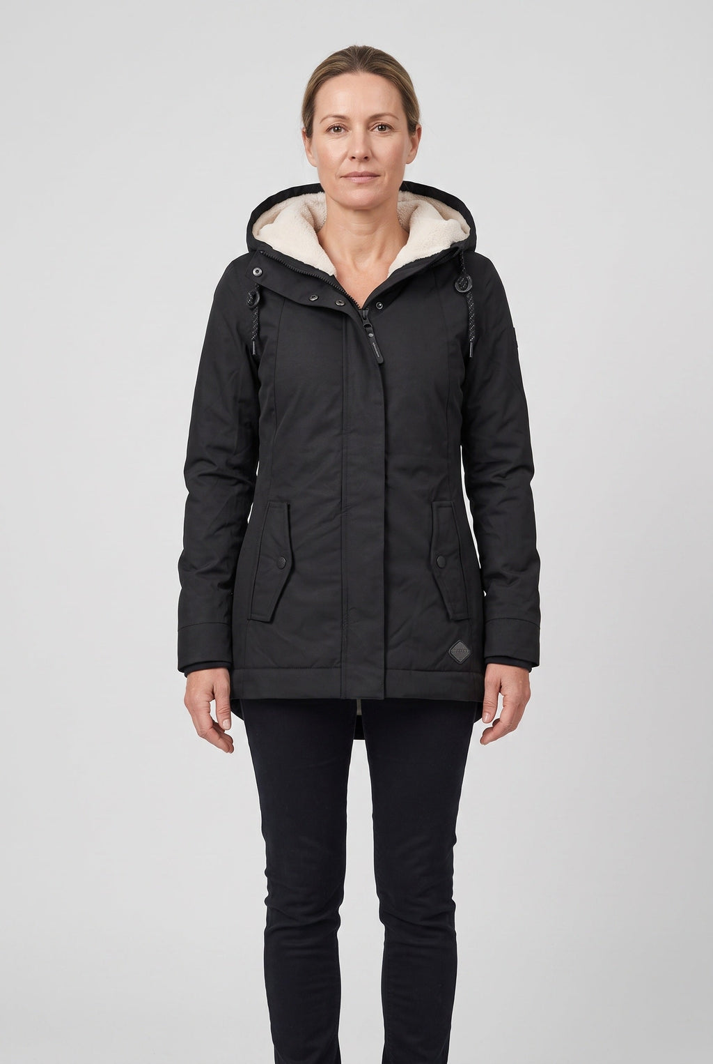 Women's Longline Padded Parka with Sherpa Lined Hood and Zip Front