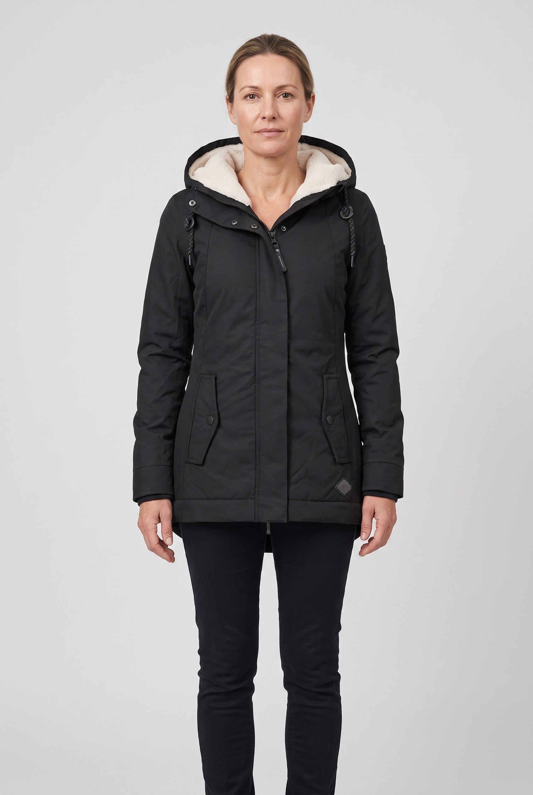 Women's Longline Padded Parka with Sherpa Lined Hood and Zip Front