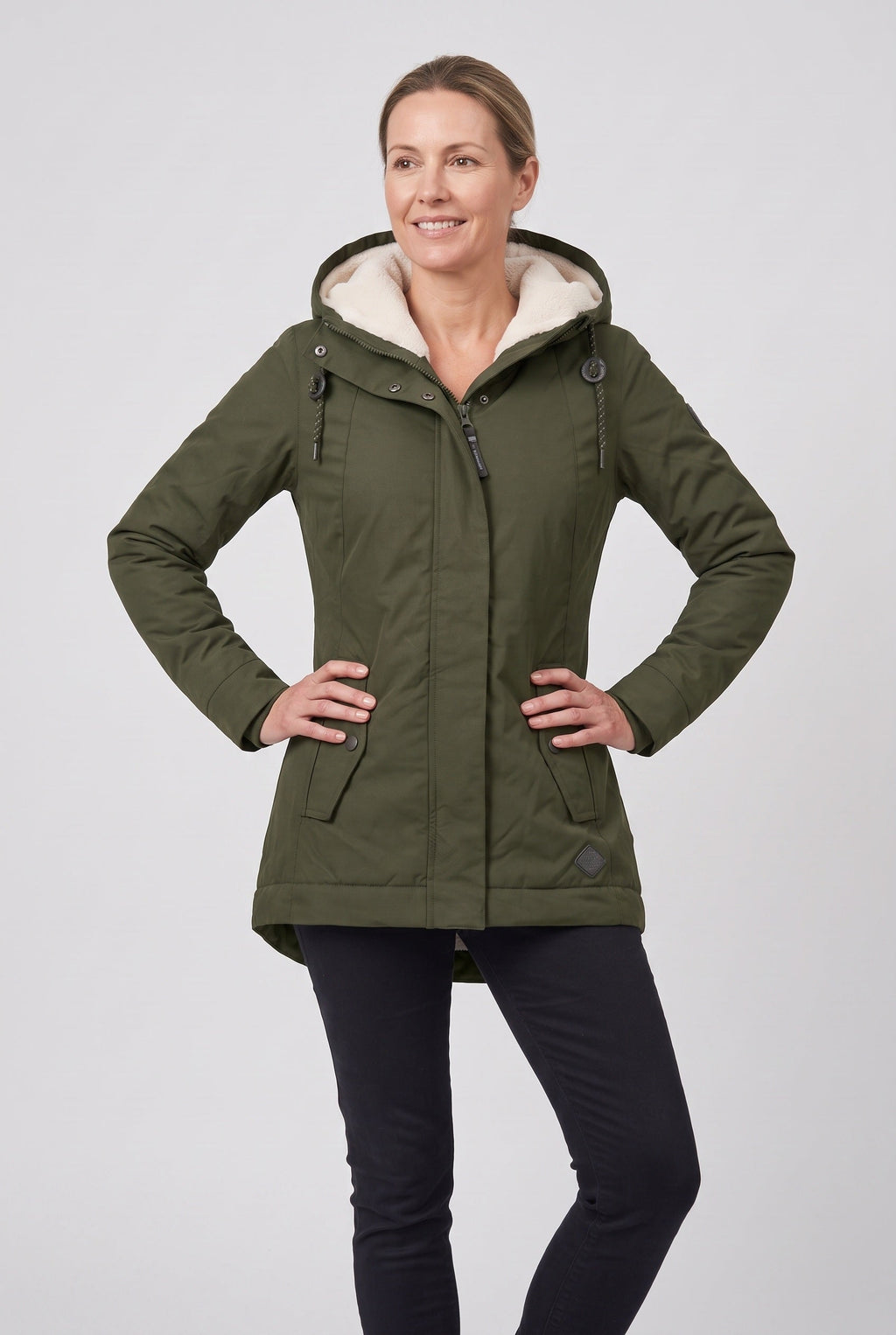 Women's Longline Padded Parka with Sherpa Lined Hood and Zip Front