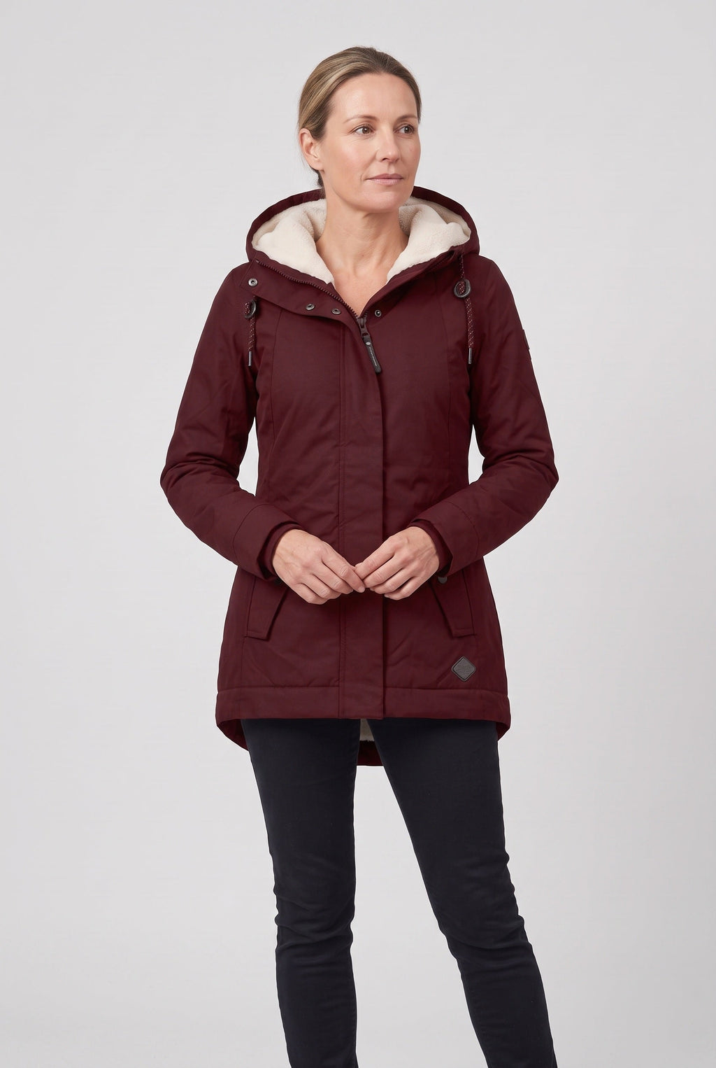 Women's Longline Padded Parka with Sherpa Lined Hood and Zip Front