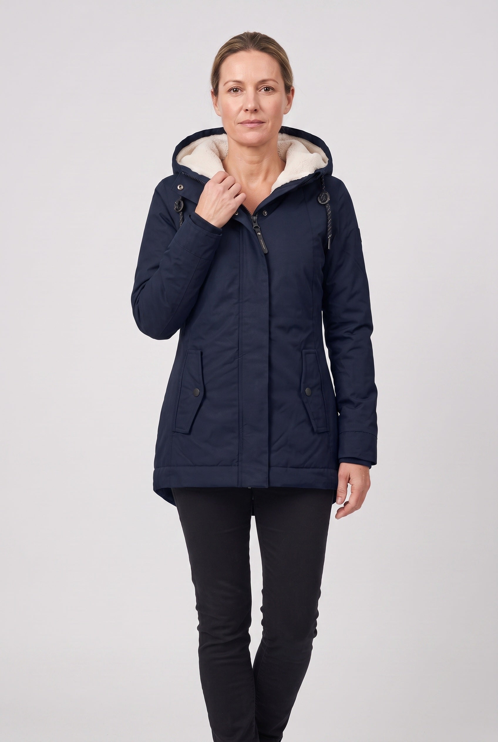 Women's Longline Padded Parka with Sherpa Lined Hood and Zip Front