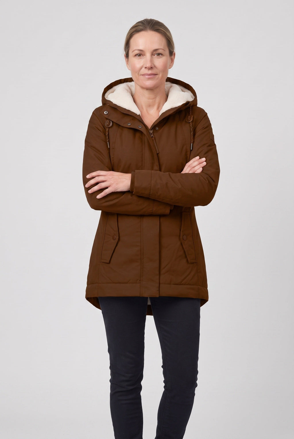 Women's Longline Padded Parka with Sherpa Lined Hood and Zip Front