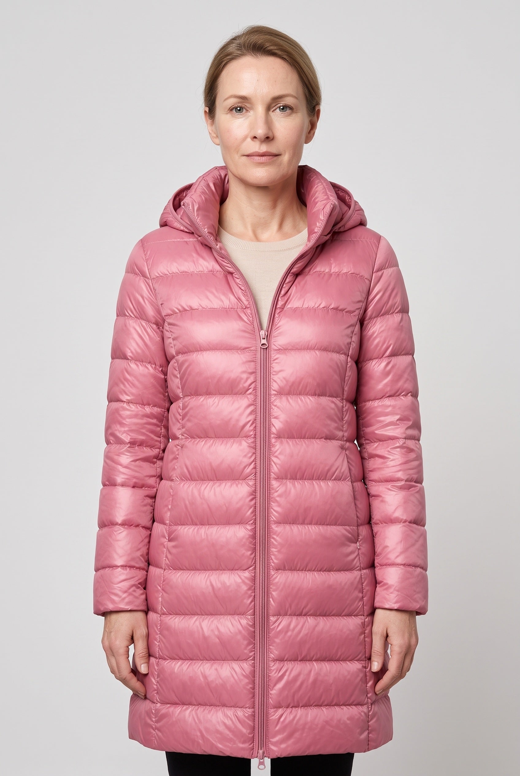 Women's Hooded Longline Puffer Jacket with Zip Front