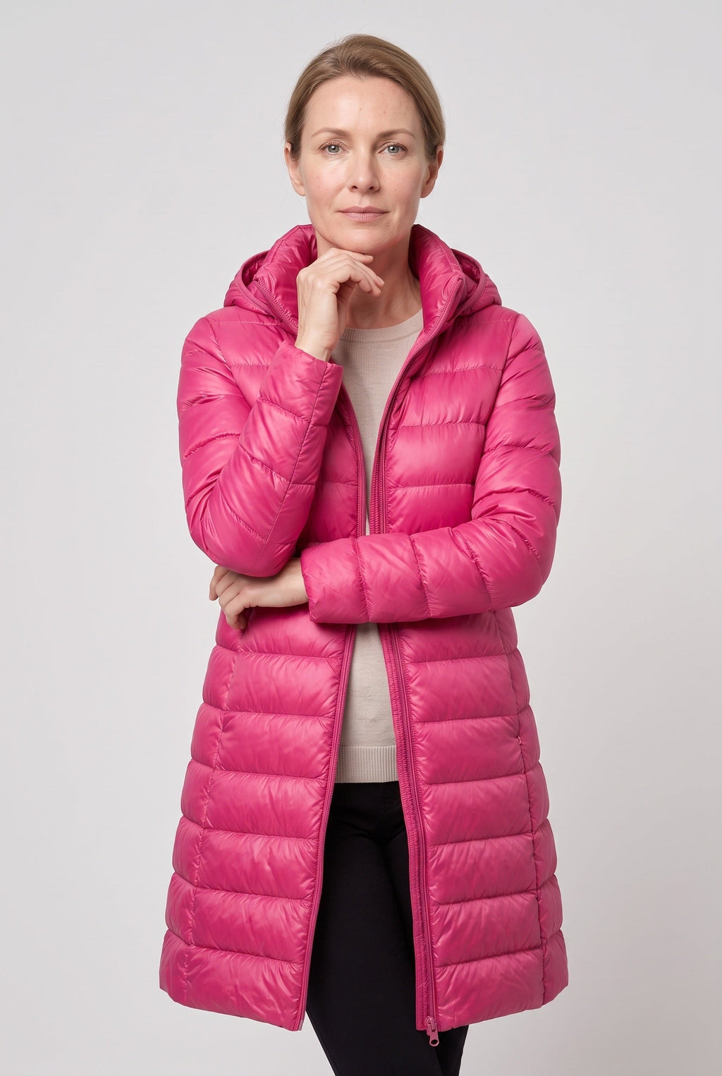 Women's Hooded Longline Puffer Jacket with Zip Front