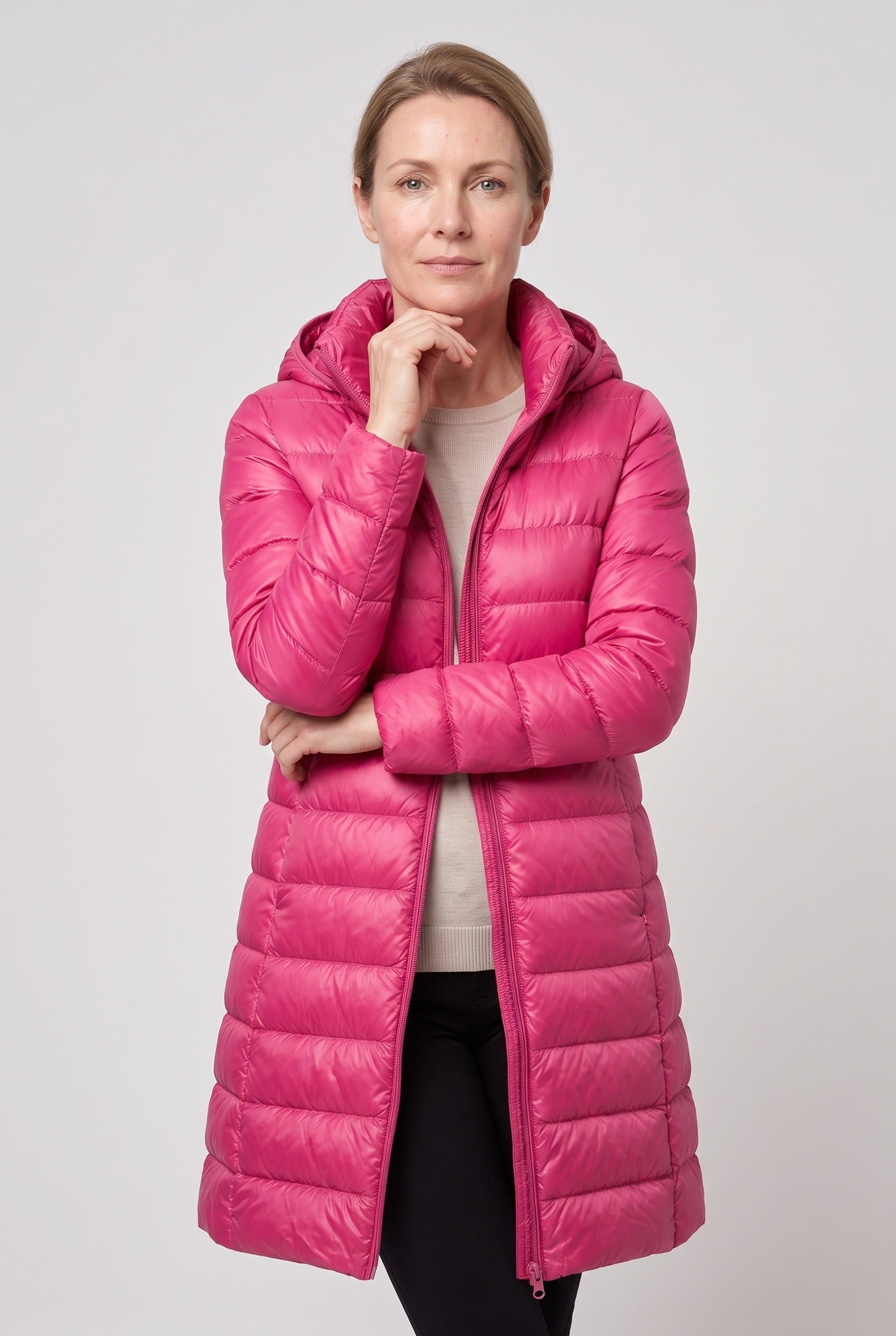 Women's Hooded Longline Puffer Jacket with Zip Front