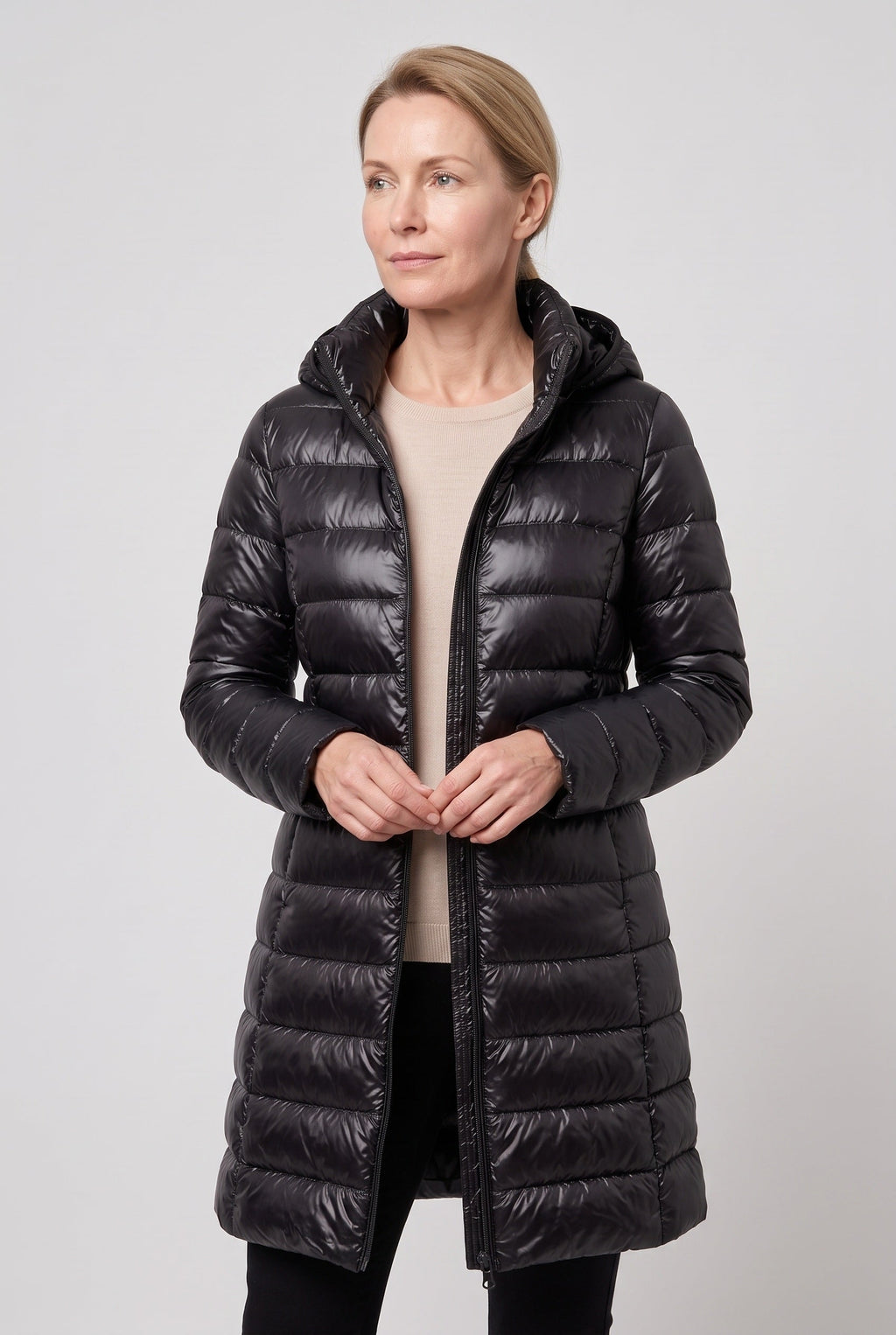 Women's Hooded Longline Puffer Jacket with Zip Front