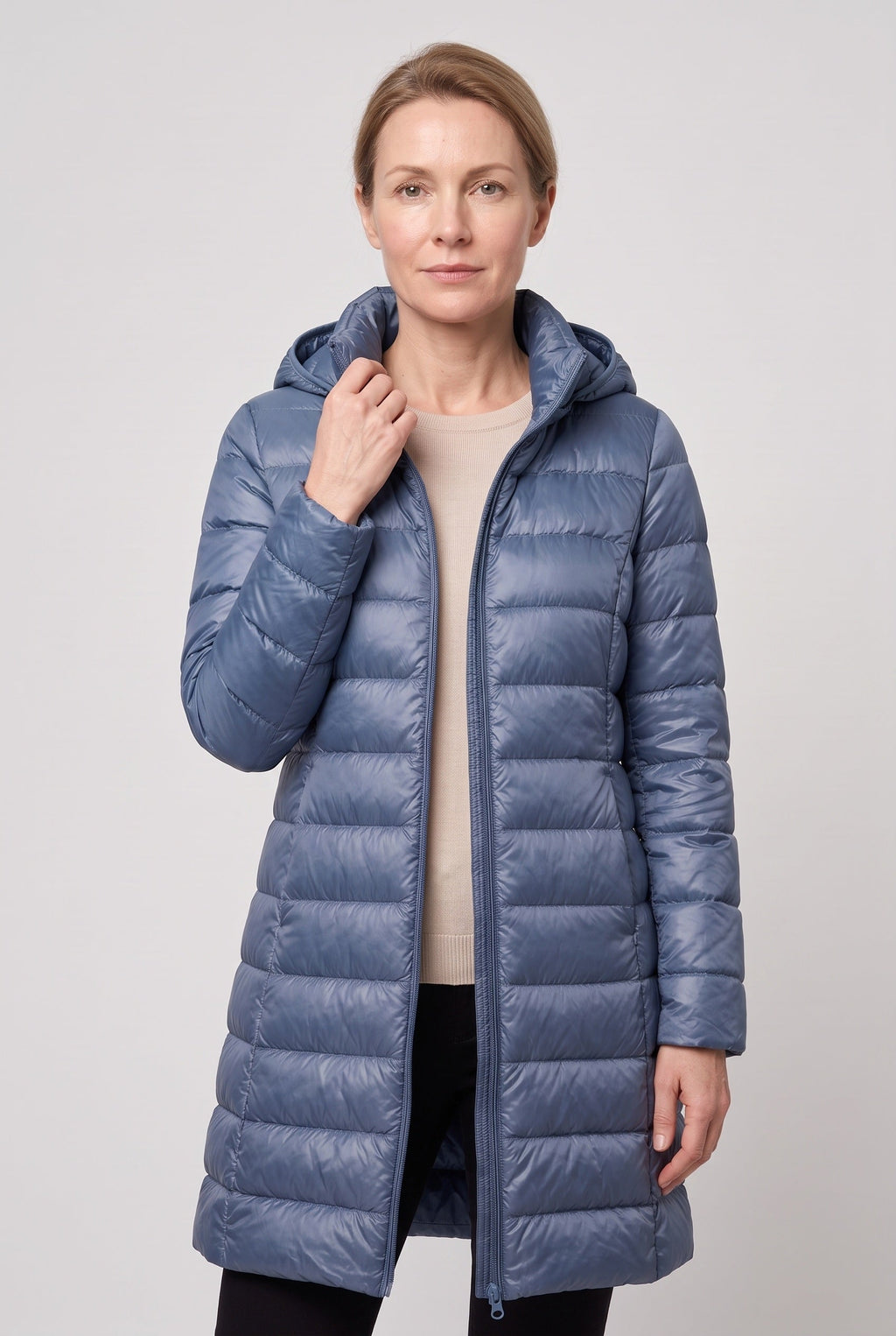 Women's Hooded Longline Puffer Jacket with Zip Front
