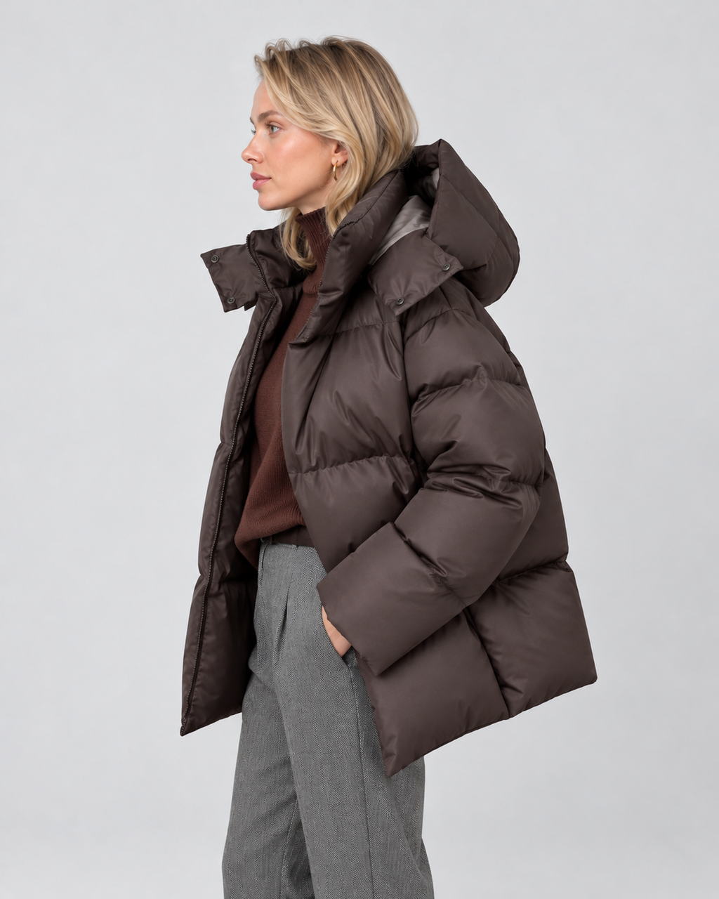 Women’s Oversized Hooded Puffer Jacket with Zip Front and Drop Shoulders