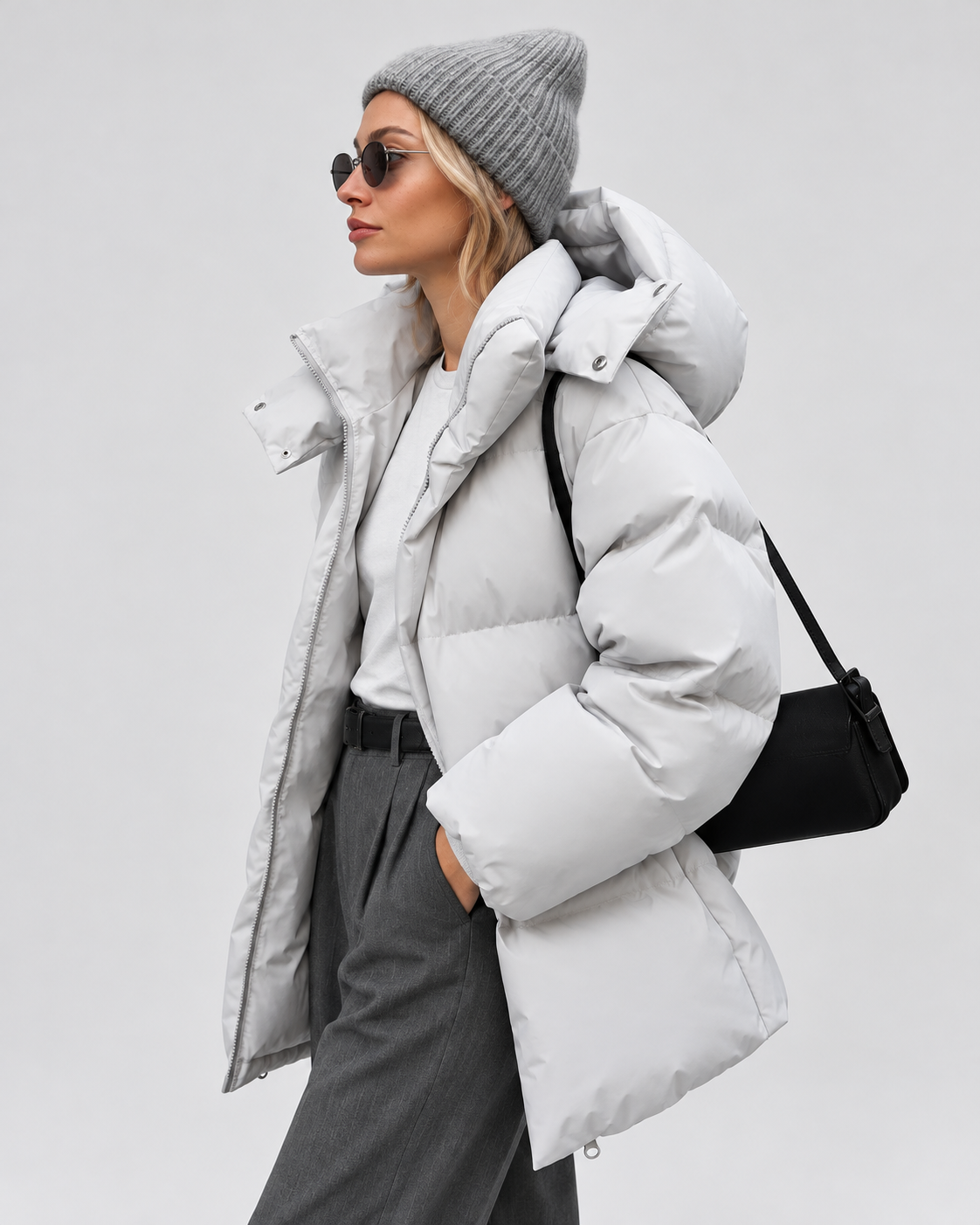 Women’s Oversized Hooded Puffer Jacket with Zip Front and Drop Shoulders