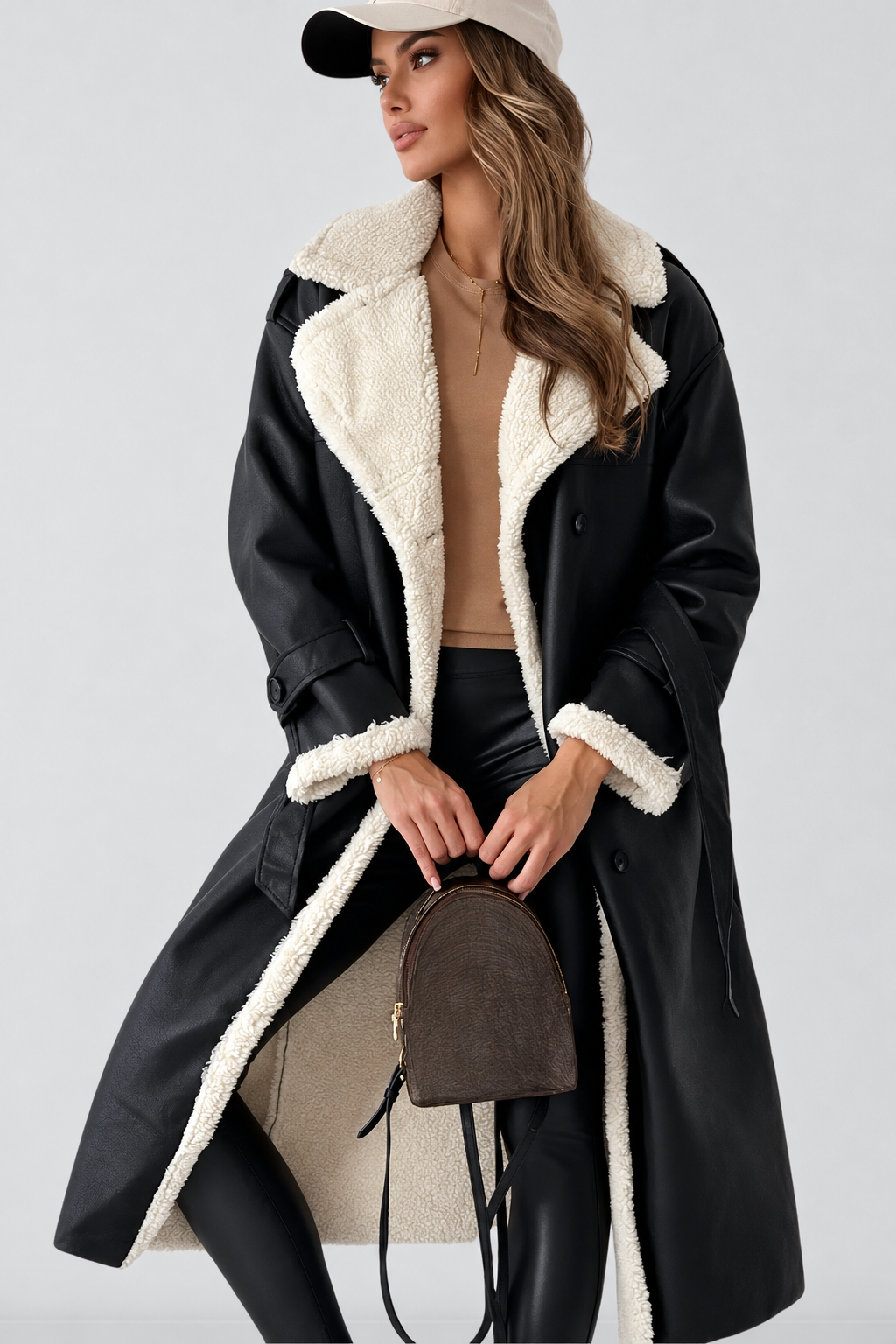 Women's Longline Belted Aviator Coat with Borg Trim