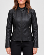 Women's Faux Leather Biker Jacket with Band Collar and Zip Pockets