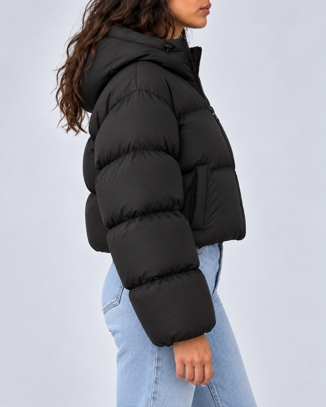 Women's Boxy Cropped Puffer Jacket with Zip Front and Hood