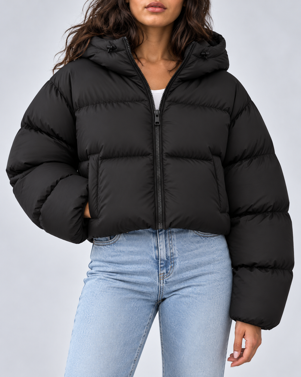 Women's Boxy Cropped Puffer Jacket with Zip Front and Hood
