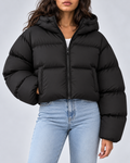 Women's Boxy Cropped Puffer Jacket with Zip Front and Hood