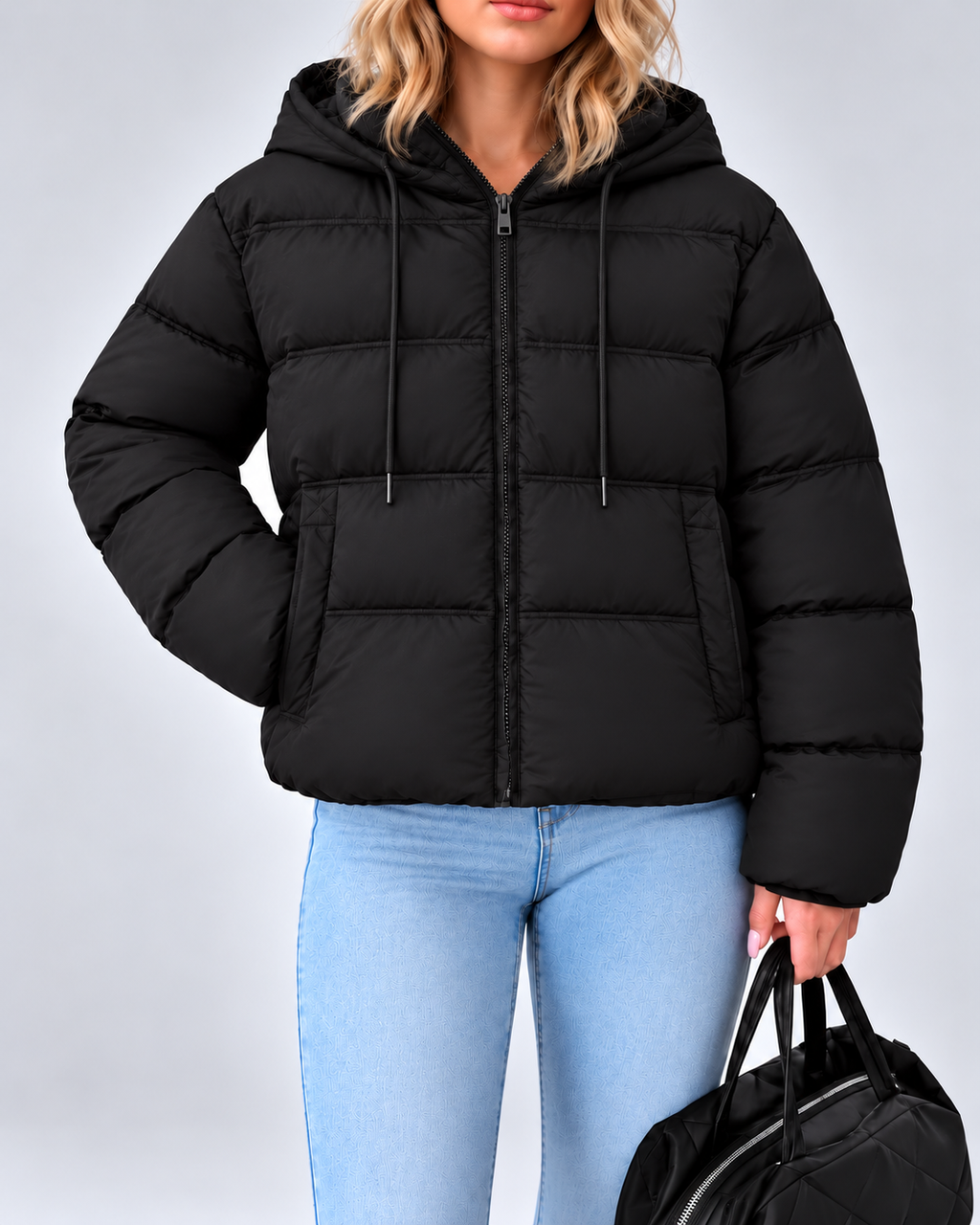 Women's Cotton Padded Hooded Puffer Jacket with Zip Front and Pockets
