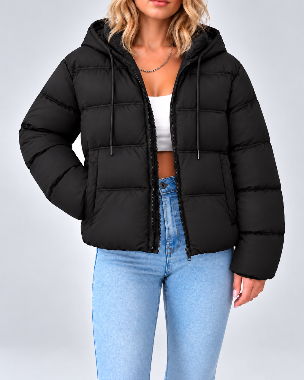 Women's Cotton Padded Hooded Puffer Jacket with Zip Front and Pockets