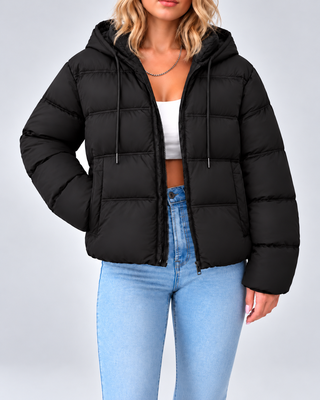 Women's Cotton Padded Hooded Puffer Jacket with Zip Front and Pockets