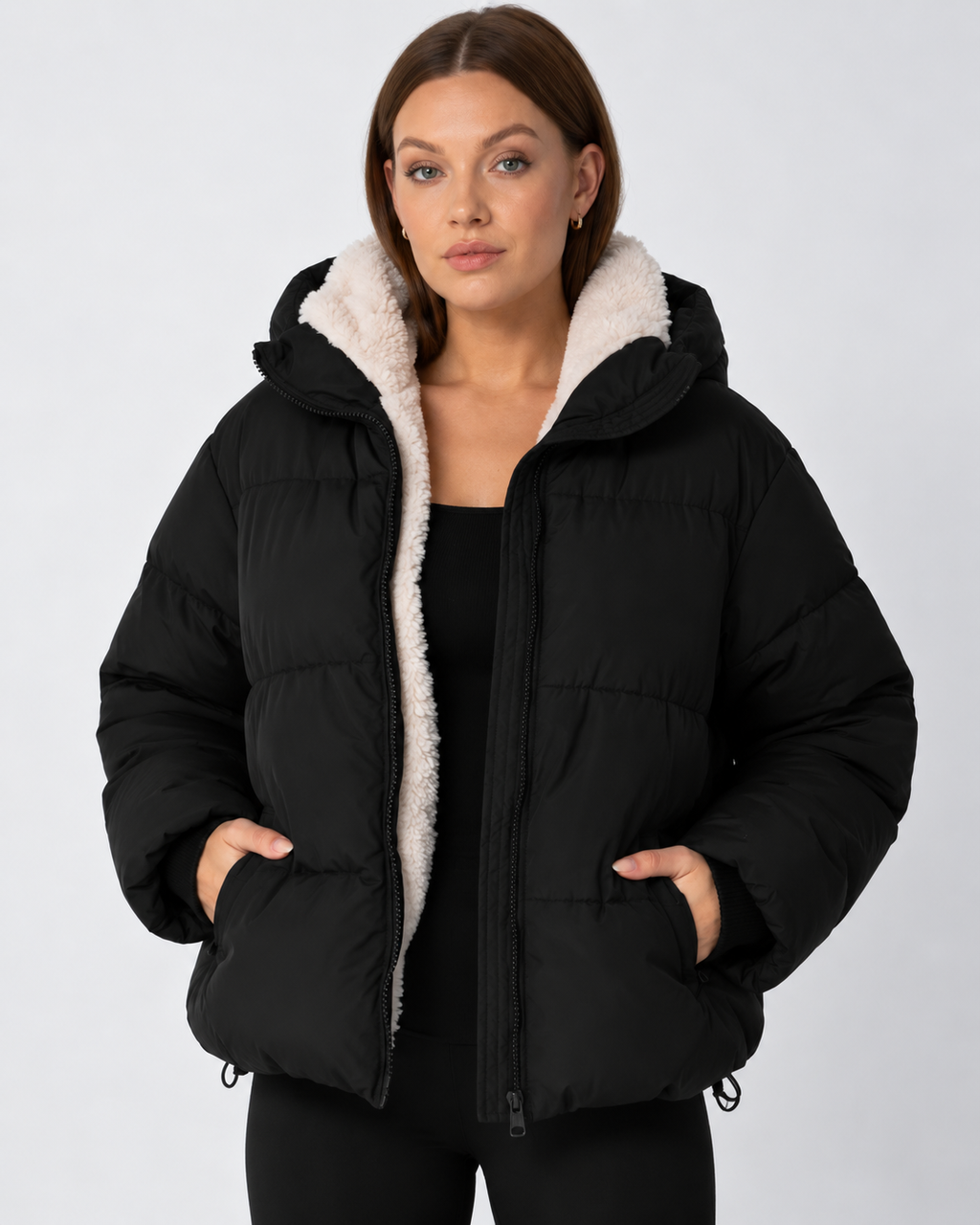 Women's Padded Hooded Puffer Jacket with Fleece Lining and Pockets