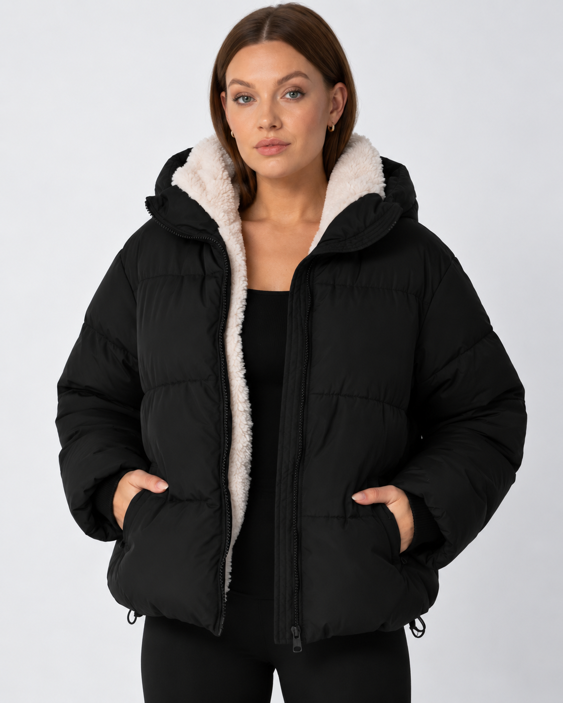 Women's Padded Hooded Puffer Jacket with Fleece Lining and Pockets