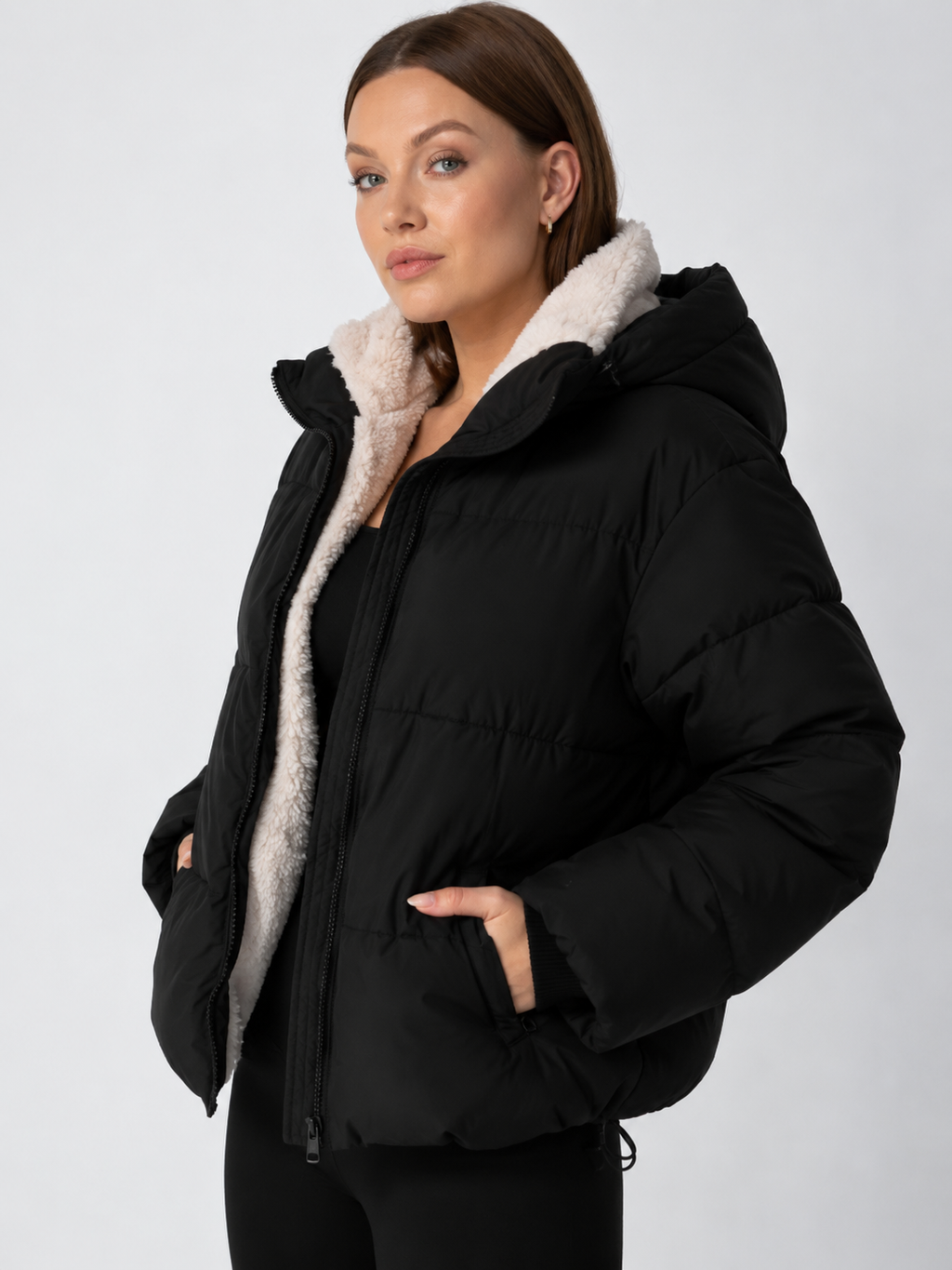 Women's Padded Hooded Puffer Jacket with Fleece Lining and Pockets