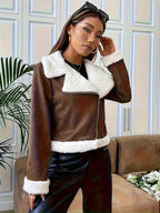 Women's Suede Look Aviator Jacket with Zip Front and Faux Fur Collar