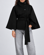 Women's Belted Cape Coat with High Collar and Button Front