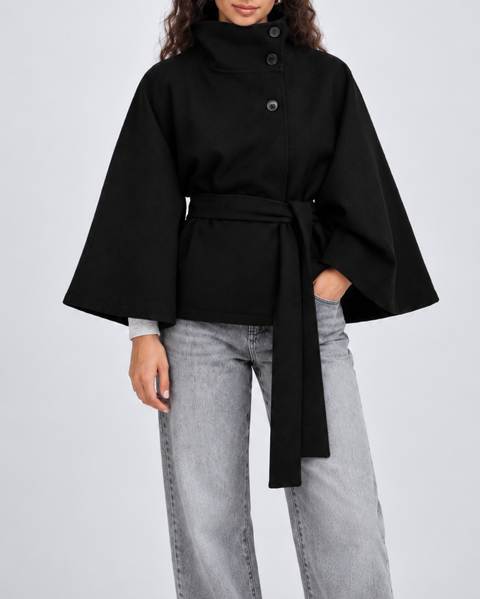 Women's Belted Cape Coat with High Collar and Button Front