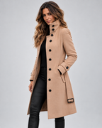 Women's Long Wool Blend Coat with High Collar and Button Front