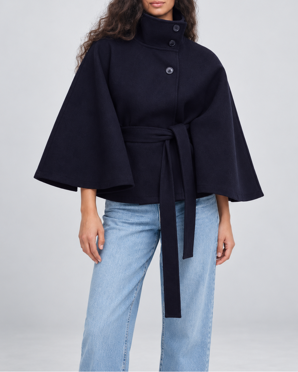 Women's Belted Cape Coat with High Collar and Button Front