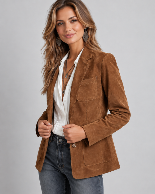 Women's Brown Suede Style Blazer with Notch Lapel and Chest Pocket
