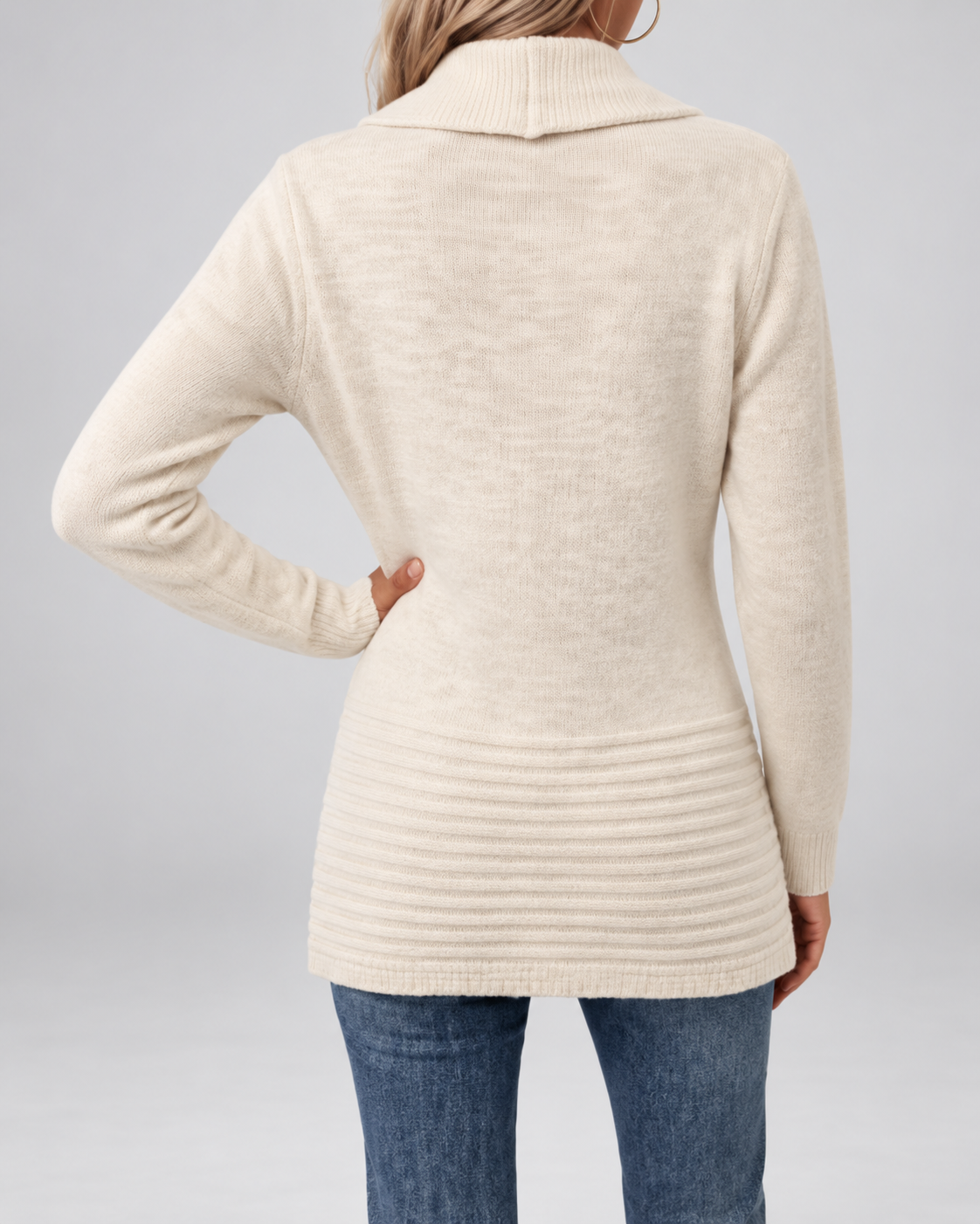 Women's Longline Knit Cardigan with Shawl Collar and Button Tabs