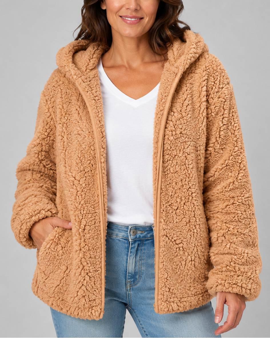 Women's Teddy Fleece Jacket with Hood and Zip Front