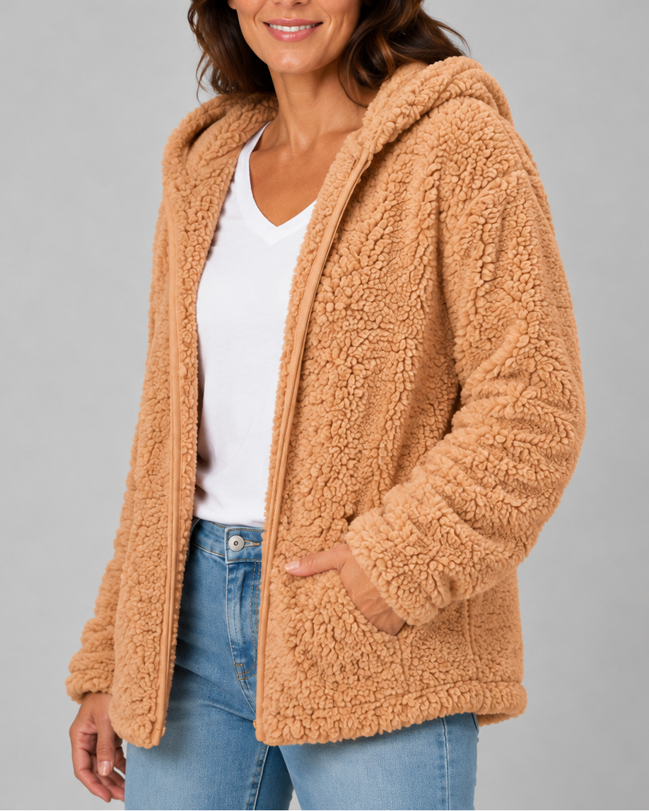 Women's Teddy Fleece Jacket with Hood and Zip Front