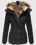 Women's Padded Quilted Coat with Faux Fur Hood and Zip Front