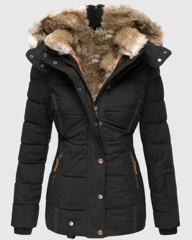 Women's Padded Quilted Coat with Faux Fur Hood and Zip Front