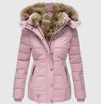 Women's Padded Quilted Coat with Faux Fur Hood and Zip Front
