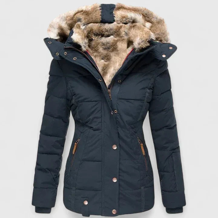 Women's Padded Quilted Coat with Faux Fur Hood and Zip Front