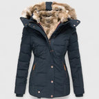 Women's Padded Quilted Coat with Faux Fur Hood and Zip Front