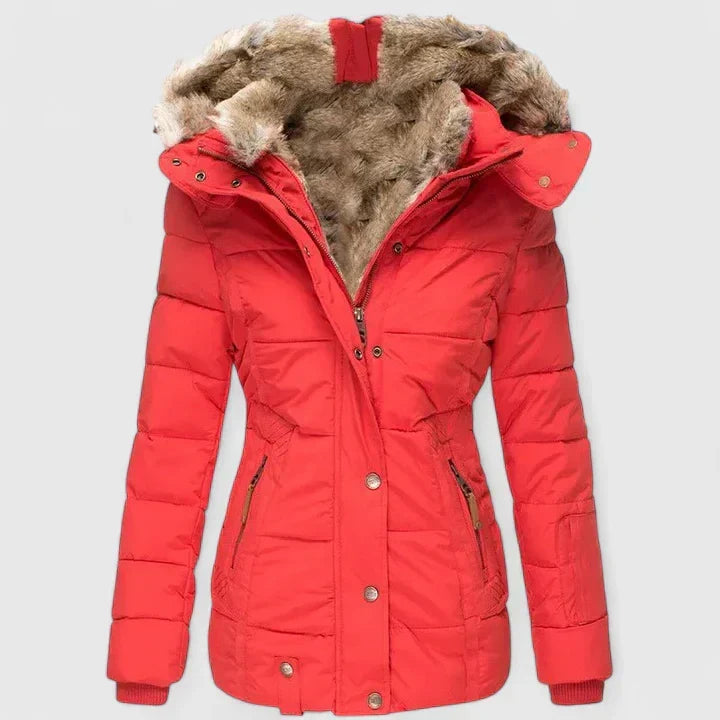 Women's Padded Quilted Coat with Faux Fur Hood and Zip Front